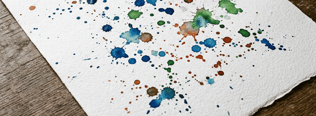 Colorful watercolor splatters on paper beside a paintbrush and palette