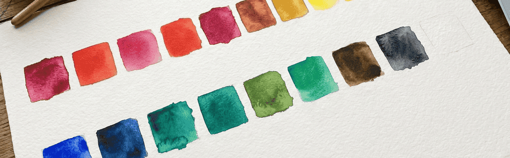 Labeled watercolor swatches beside brushes and mixing supplies